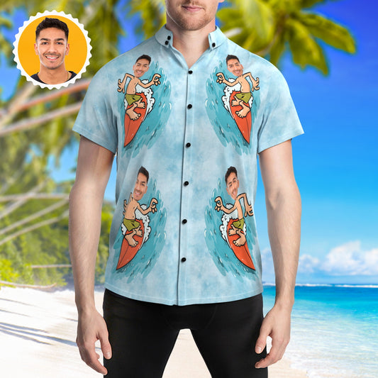 Front view of Custom Face Hawaiian Shirt personalised with a photo — men's summer party shirt in vivid surf-inspired print, 97% polyester 3% spandex