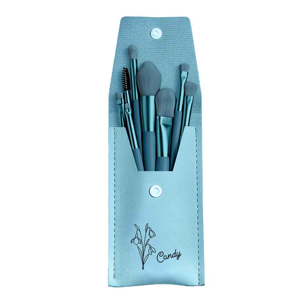 Personalized Birth Flower PU Leather Makeup Brush Bag with 8 Pcs Makeup Brushes Birthday Gift for Her