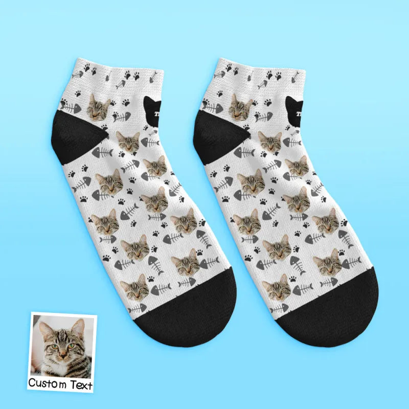 Personalised ankle socks with adorable cat portrait print perfect for birthdays and Mother's Day