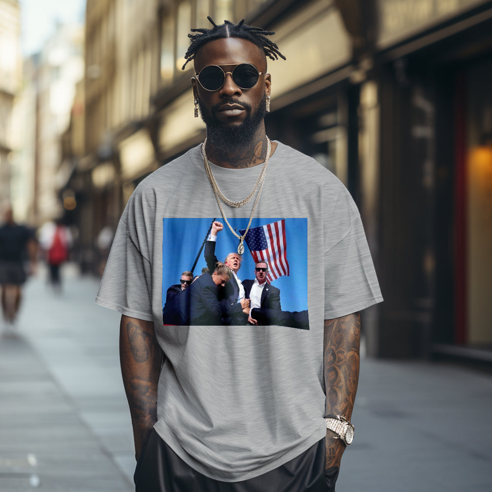 Grey breathable cotton 'Fight! Donald Trump 2024 Survived Shot At Election Rally' limited-edition commemorative T-shirt, personalised memorial gift for men