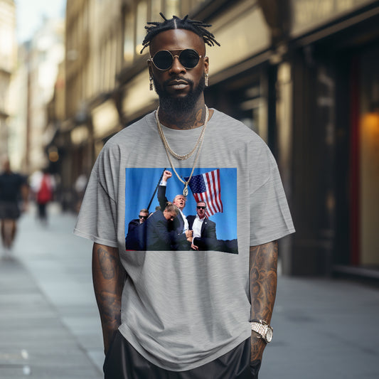 Grey breathable cotton 'Fight! Donald Trump 2024 Survived Shot At Election Rally' limited-edition commemorative T-shirt, personalised memorial gift for men