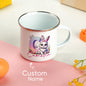 Child holding personalised bunny enamel mug to show 9.3x12cm size — 12oz, perfect for small hands and everyday use