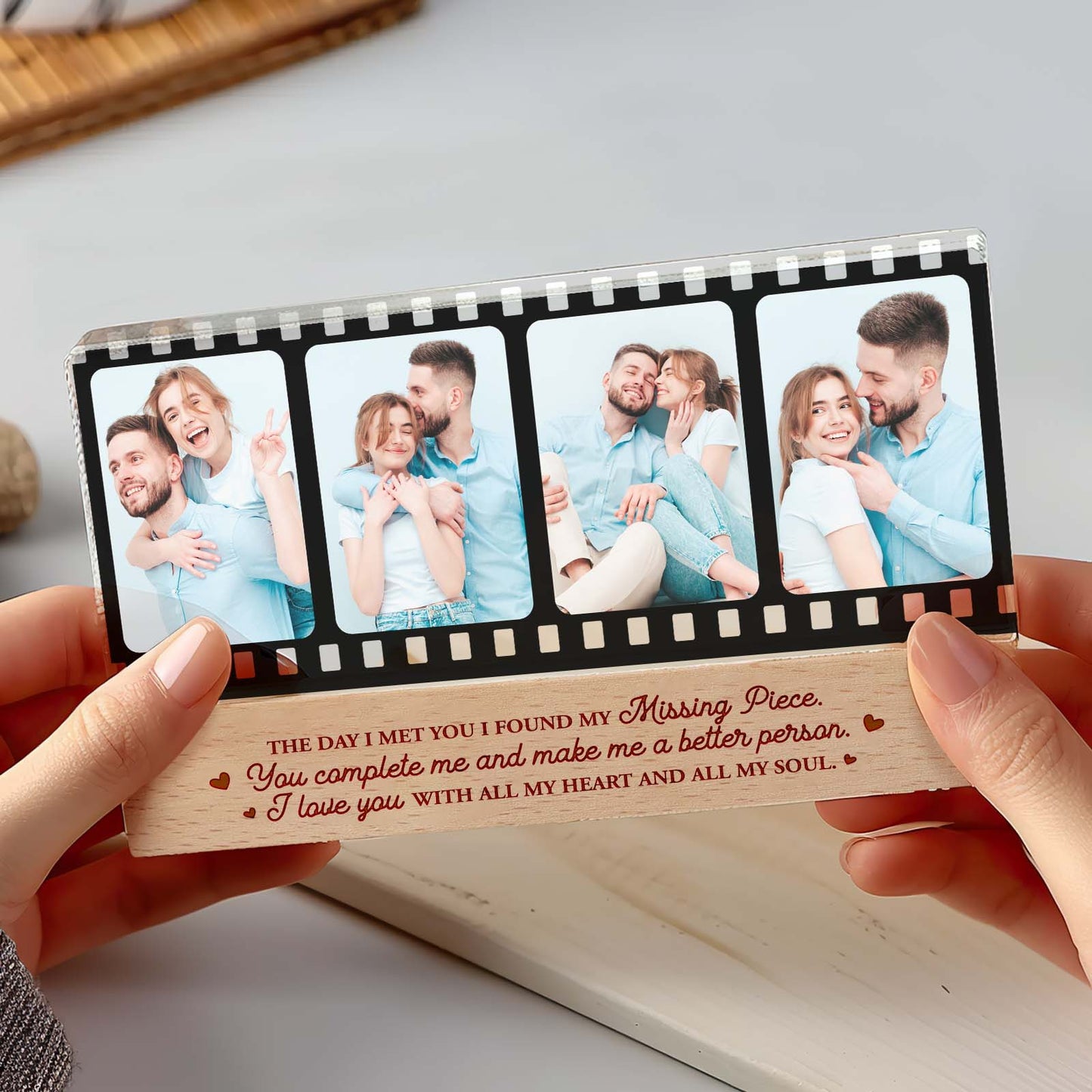 View of the personalised photo night light on a bedside table with ambient glow.