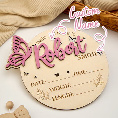 Personalised Butterfly Birth Announcement Sign wooden photo prop showing engraved name and birth details on butterfly-shaped plaque, newborn photography prop and nursery keepsake