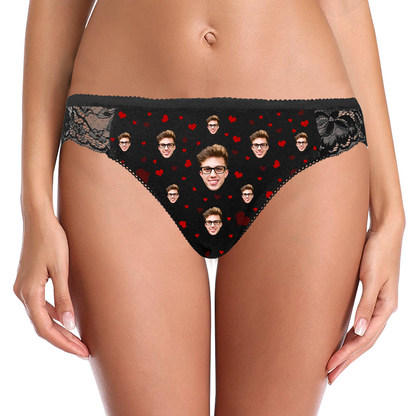 Front view of Personalised Face Underwear — Heart Lace women's panties with custom heart photo print on soft polyester, ideal romantic personalised gift