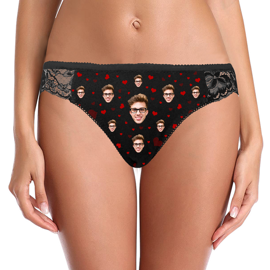 Front view of Personalised Face Underwear — Heart Lace women's panties with custom heart photo print on soft polyester, ideal romantic personalised gift