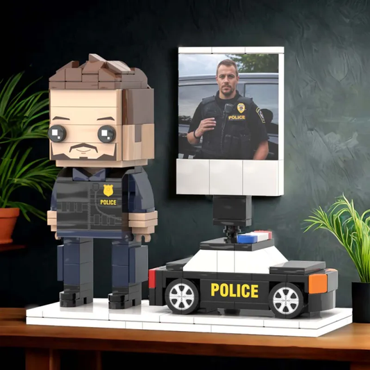 Front view of personalised full-body brick-style police figure — custom mini figure gift for birthdays, Valentine’s and Father’s Day