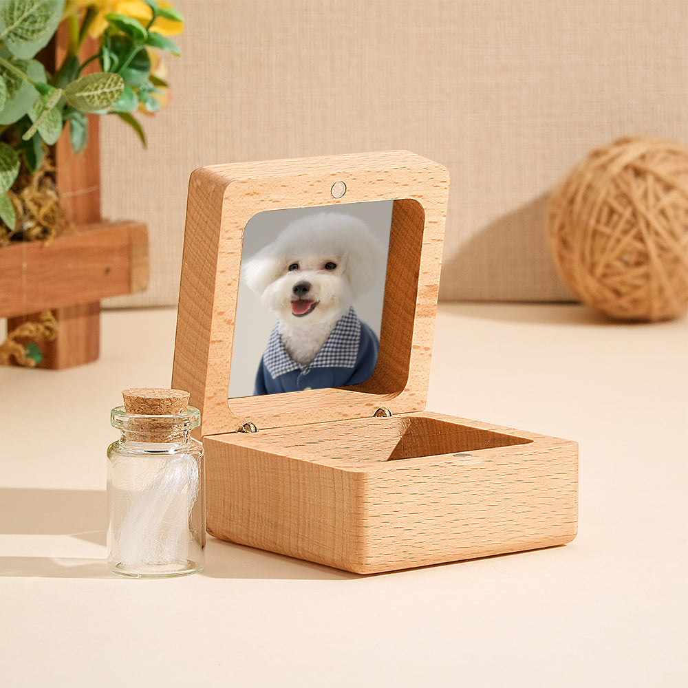 Close-up of personalised engraving on walnut pet fur keepsake box – bespoke memorial text and fine wood detail