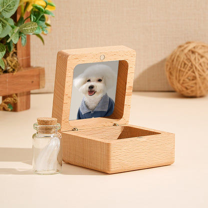 Close-up of personalised engraving on walnut pet fur keepsake box – bespoke memorial text and fine wood detail