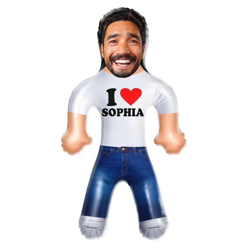 Side profile of the PVC inflatable doll displaying a personalised photo, perfect for gifting her.