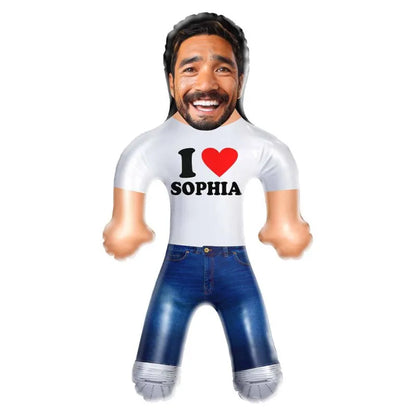 Side profile of the PVC inflatable doll displaying a personalised photo, perfect for gifting her.