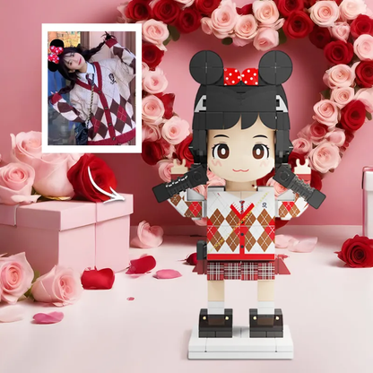 Personalised full-body Duddu brick figure in light nougat skin on white background — custom 1-person gift for Valentine’s Day or birthday