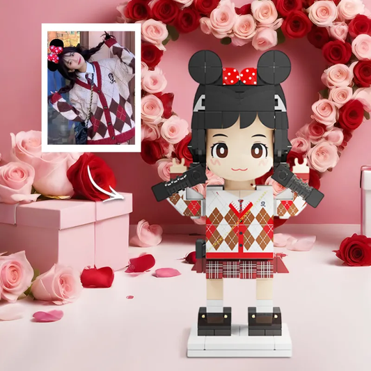 Personalised full-body Duddu brick figure in light nougat skin on white background — custom 1-person gift for Valentine’s Day or birthday
