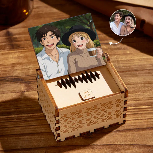 Personalised anime-style photo music box featuring a hand-drawn portrait on a polished wooden case with custom melody — ideal bespoke keepsake gift.