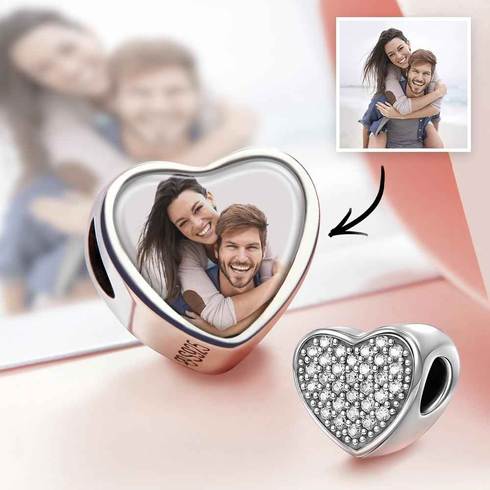 Custom Heart Photo Charm Personalized Picture Bead with Pave CZ