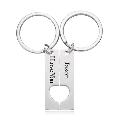 Close up of laser engraved text on stainless steel keychain showing clear, long lasting engraving and corrosion resistant polished finish