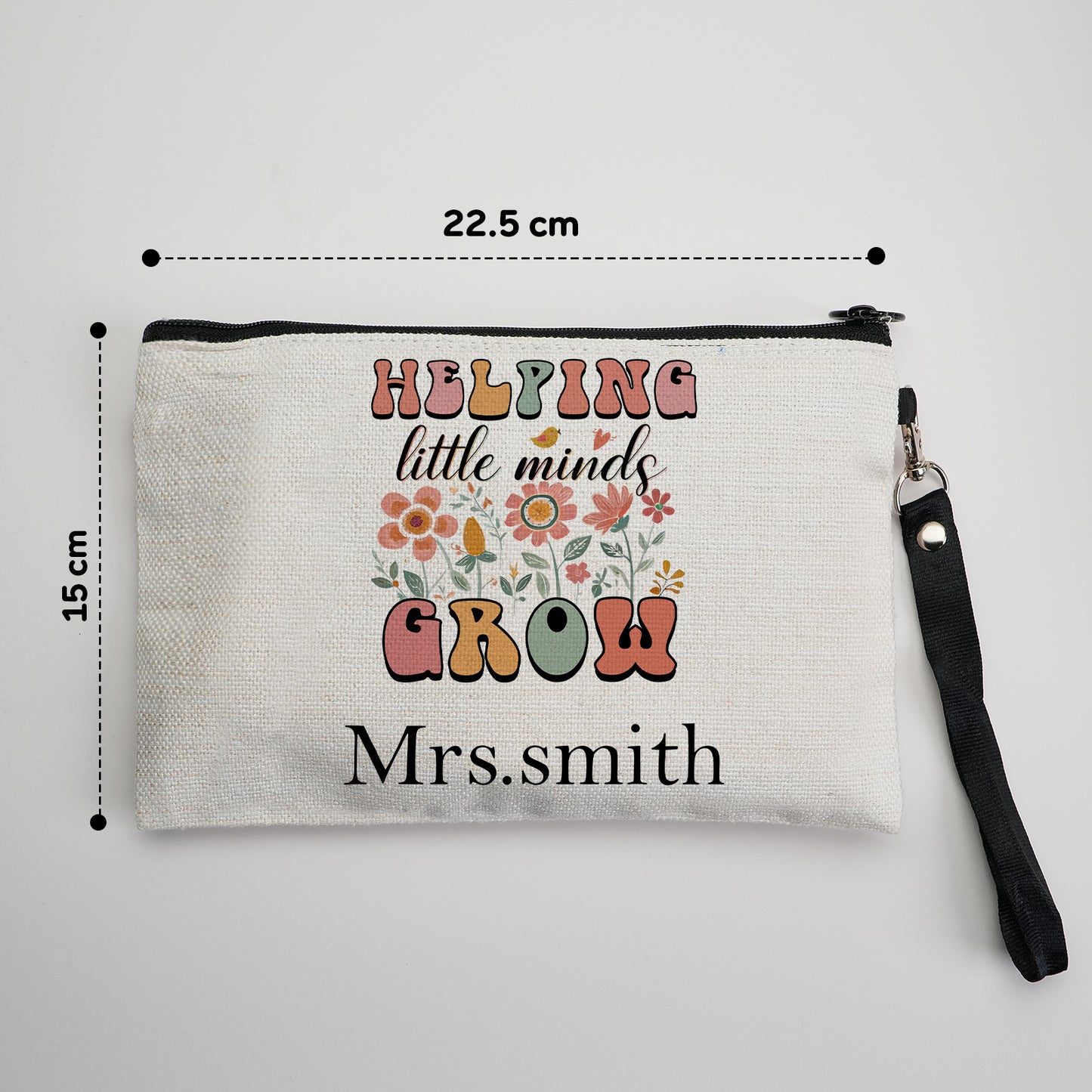 Close-up of custom name printing on canvas pencil and make-up bag, emphasising quality finish