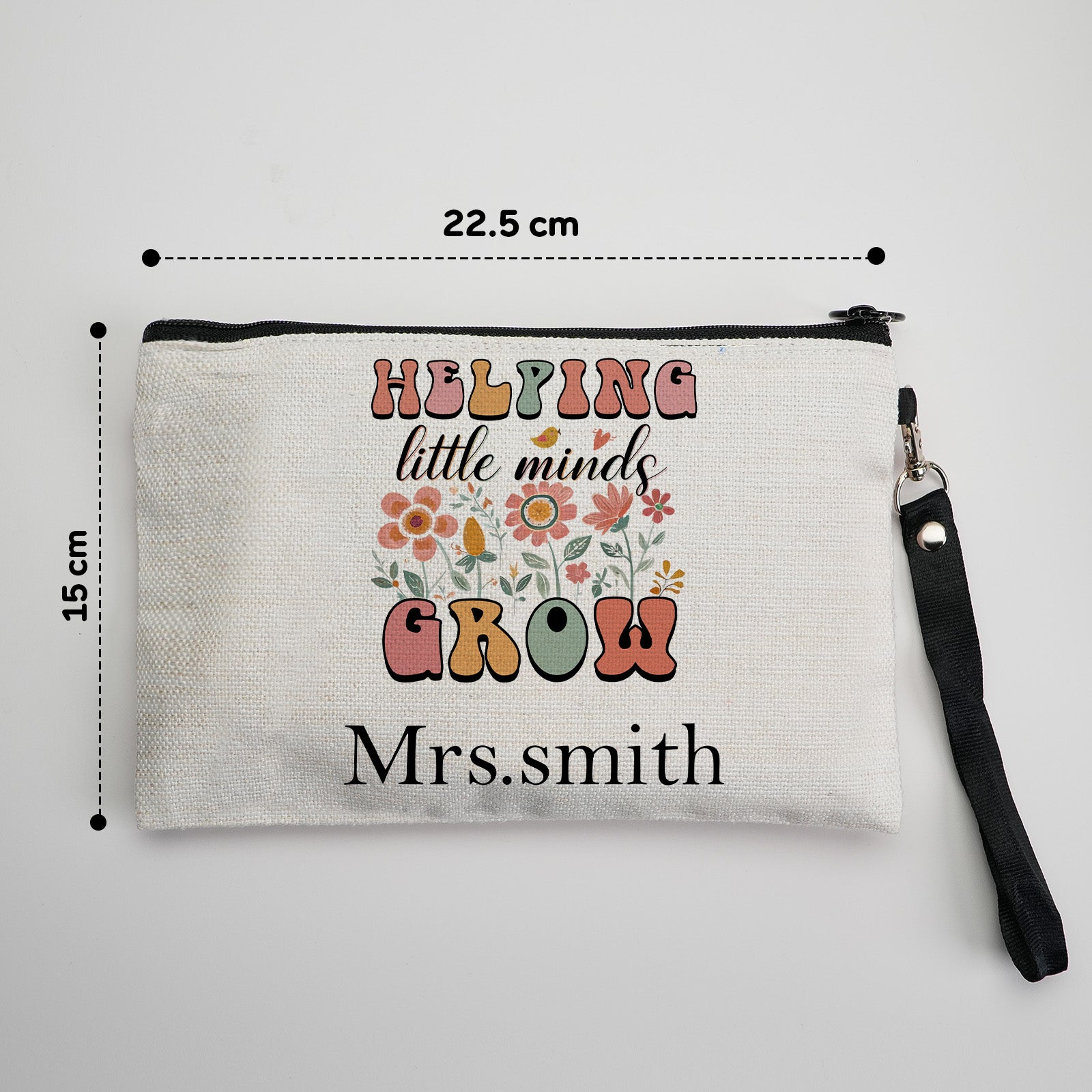 Close-up of custom name printing on canvas pencil and make-up bag, emphasising quality finish