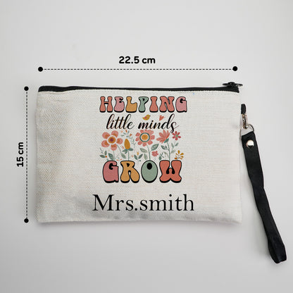 Close-up of custom name printing on canvas pencil and make-up bag, emphasising quality finish