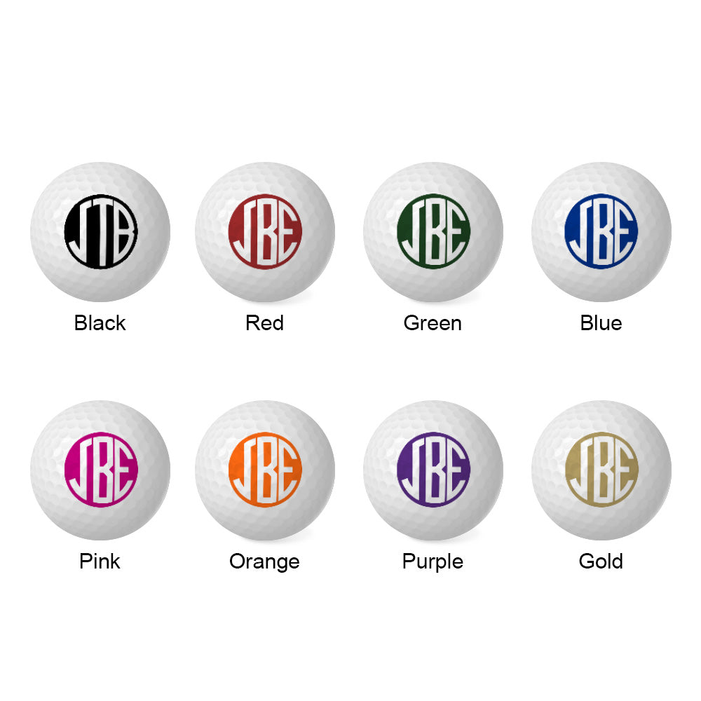 Assorted coloured personalised monogram golf balls set with clear name printing — perfect groomsmen presents, gifts for dad or corporate giveaways