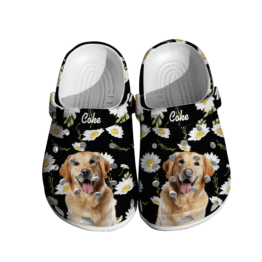 Close-up of personalised pet portrait clog detail showcasing high‑resolution funny pet face print and bespoke name customisation