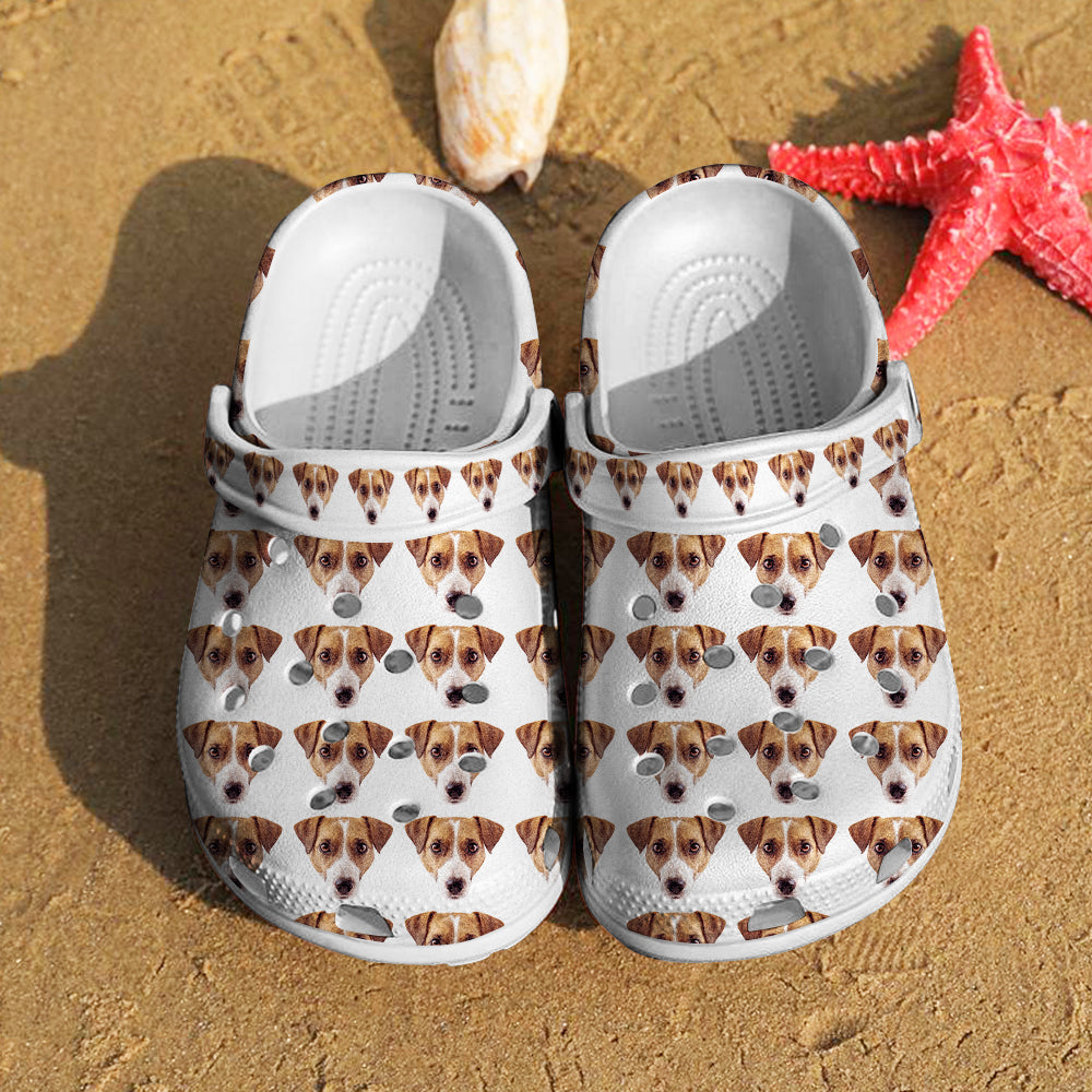 Rear and sole view of personalised funny pet face clogs showing sturdy rubber sole — non-slip custom name slippers suitable for everyday use