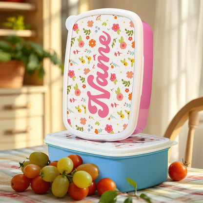 Side view of personalised lunch box with colourful flowers – durable, easy-to-clean plastic lunchbox for boys and girls