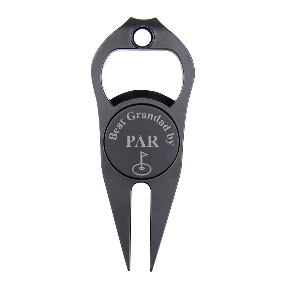 White personalised golf ball marker showing sample laser engraving and flag bottle opener — durable engraved golf accessory