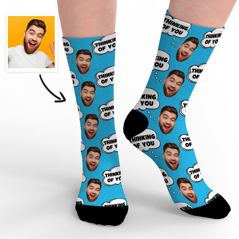 Model wearing personalised face socks while relaxing – unisex custom photo socks for everyday wear, travel and sports
