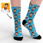 Model wearing personalised face socks while relaxing – unisex custom photo socks for everyday wear, travel and sports