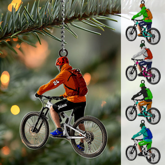 Personalised acrylic mountain biking ornament engraved with name — clear biker keepsake for cyclists, 8 x 10 cm