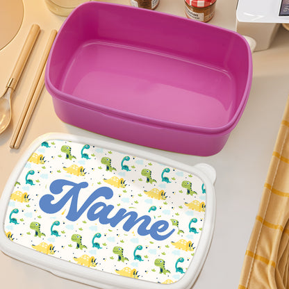 Open personalised dinosaur lunch box showing roomy interior and compartments — practical custom name lunchbox for school or nursery
