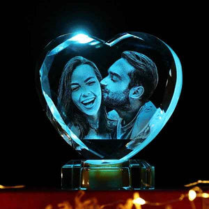 3D Laser Engraved Heart Crystal Photo Frame with Light Up LED Base
