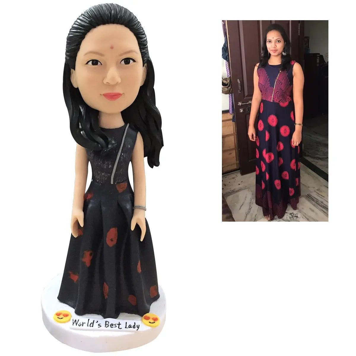 Size comparison of personalised polymer clay bobbleheads (15cm, 18cm, 20cm) on engraved bases — custom face gift and personalised graduation keepsake
