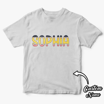 Artboard showing design options for personalised name T‑shirt — customise text or upload artwork