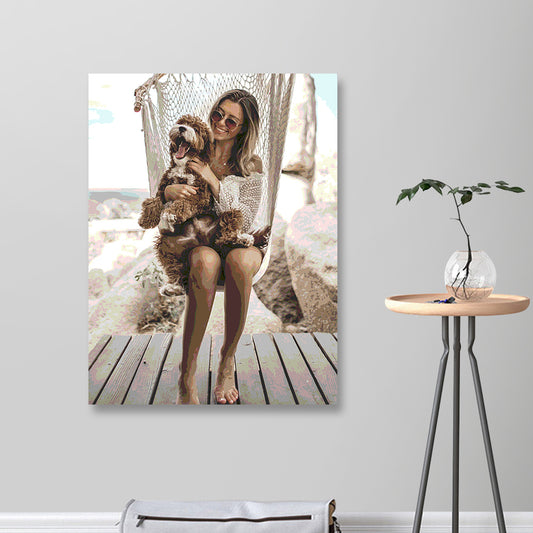 Personalised 30 x 40 cm paint-by-numbers canvas showing a finished custom photo portrait — DIY oil painting kit for the UK and Australia
