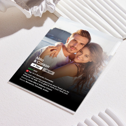 Personalised Movie Poster Acrylic Plaque with custom couple photo and engraved name — personalised acrylic photo & text keepsake, 120mm x 160mm