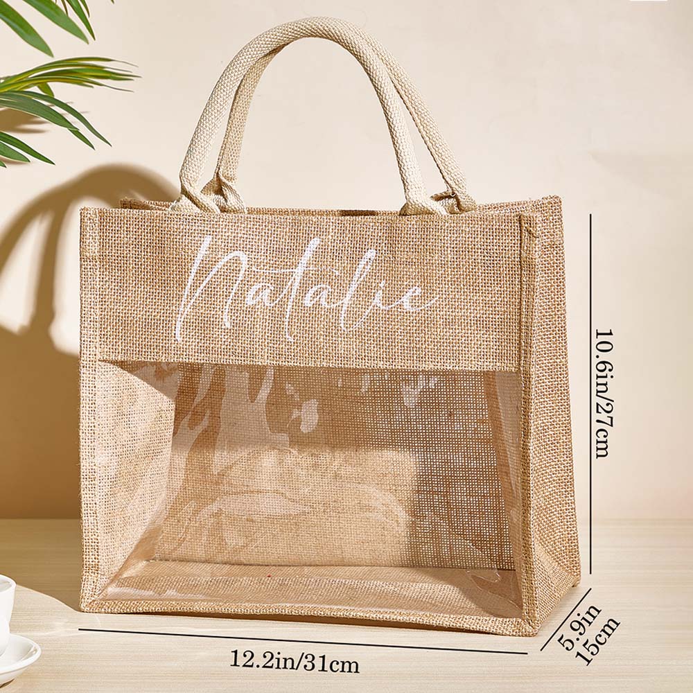 Group of personalised monogram burlap totes arranged as bridal party gifts – bridesmaid proposal and wedding welcome bag idea