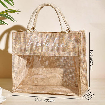 Group of personalised monogram burlap totes arranged as bridal party gifts – bridesmaid proposal and wedding welcome bag idea