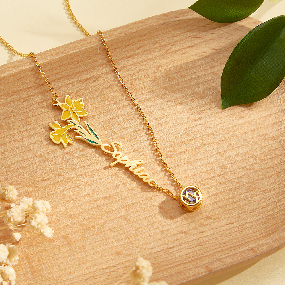 Personalised Birth Flower & Zodiac Name Necklace - Unique Wedding & Birthday Gift