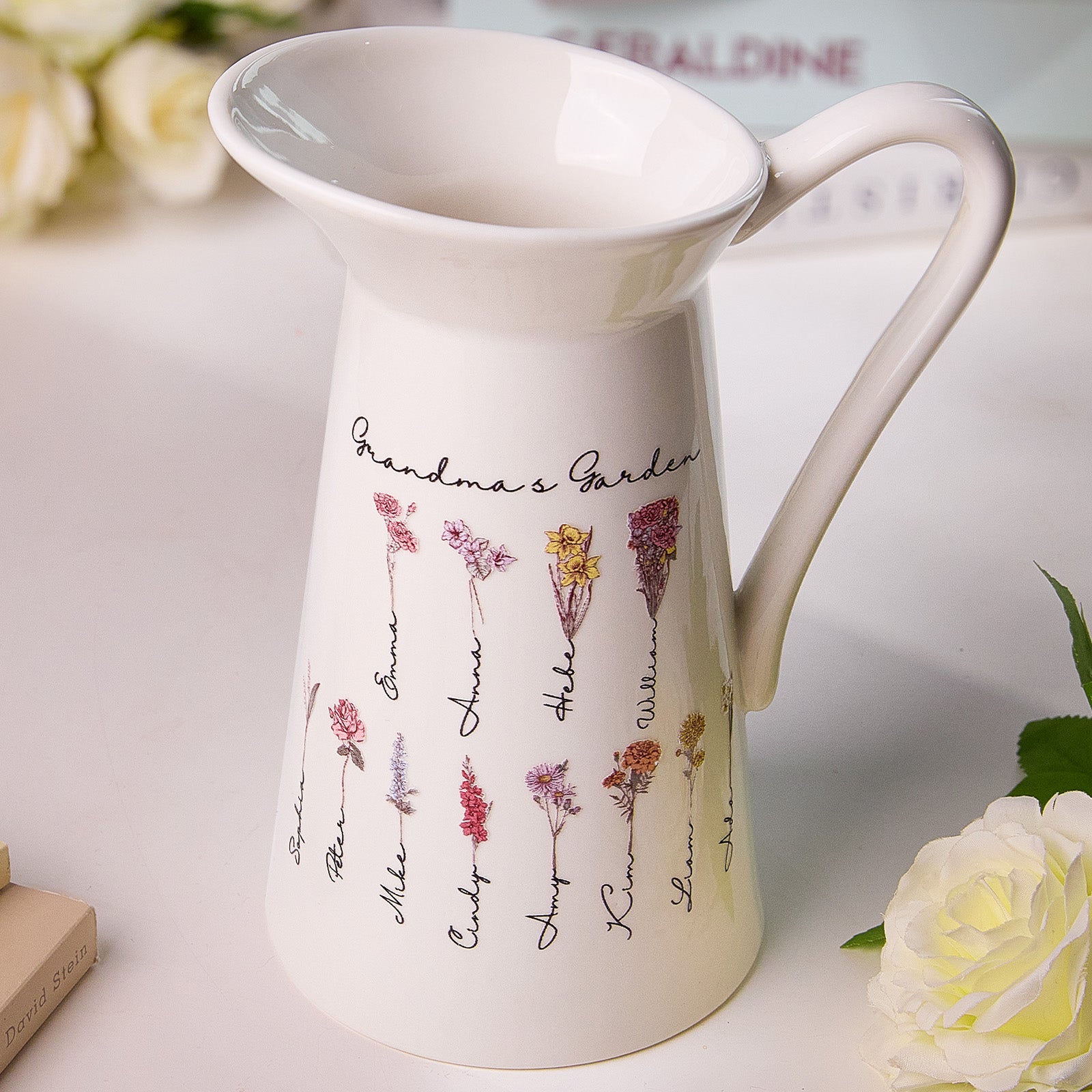 Personalised Birth Flower Ceramic Vase - Custom Home Decor Gift for Mum & Grandma