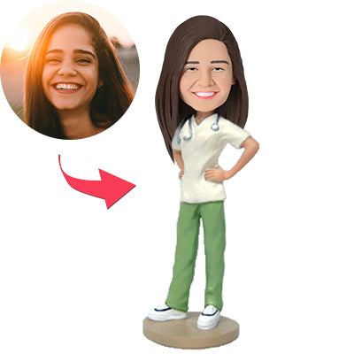 Personalised casual nurse bobblehead front view — polymer clay nurse figurine with customised head and engraved base, ideal engraved nurse gift