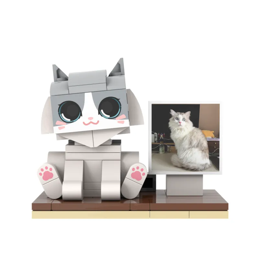 Personalised cat brick figure from a full-body photo — customised small-block minifigure of a single cat in a fixed pose with personalised hairstyle and expression