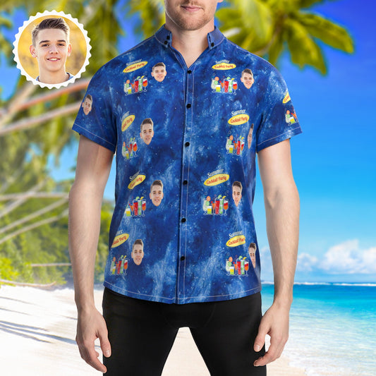 Custom printed face Hawaiian shirt front view – personalised Aloha cocktail shirt for men with high‑resolution photo print, camp collar, short sleeves and vivid colours
