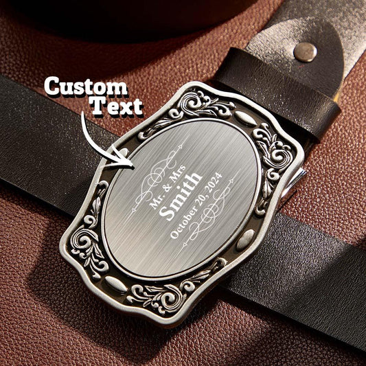 Personalised Western cowboy name belt buckle — front view showing engraved name, zinc alloy finish, 9cm x 6.6cm; groom wedding gift