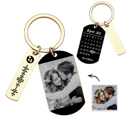 Detail of the engraved metal strip and sturdy keyring attachment on a personalised photo calendar keyring for couples