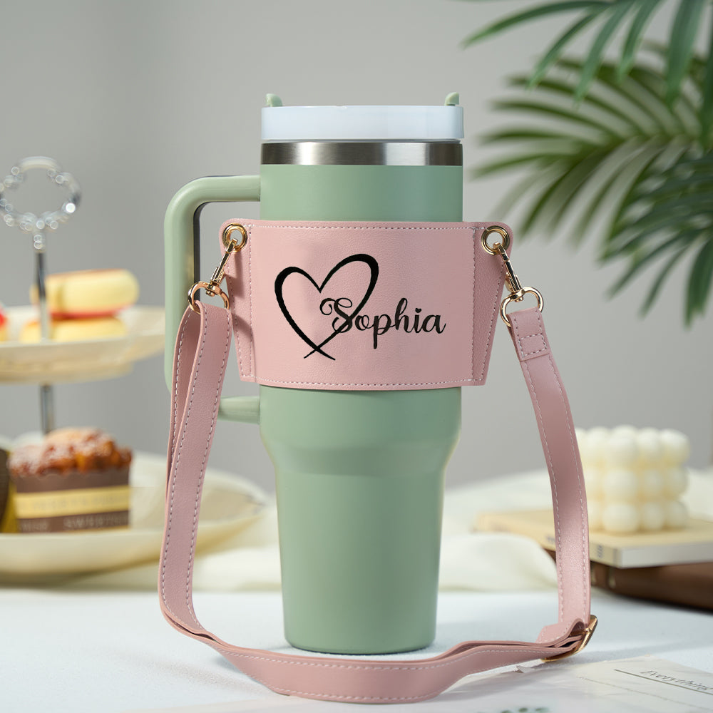 Personalised 40oz Stanley tumbler carrier showing custom text and photo on soft PU leather, adjustable crossbody strap, ideal gift for her