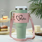 Personalised 40oz Stanley tumbler carrier showing custom text and photo on soft PU leather, adjustable crossbody strap, ideal gift for her