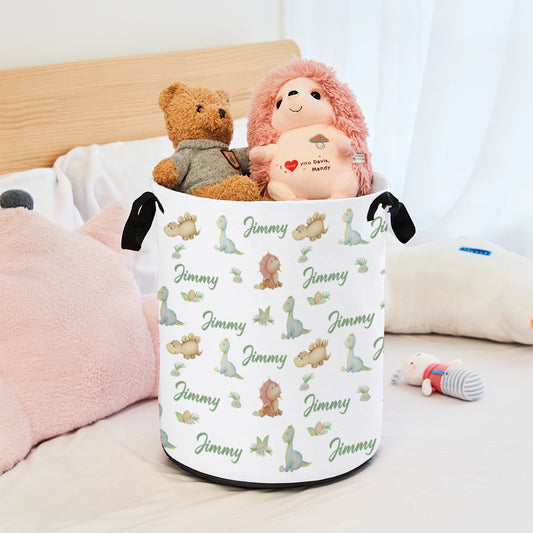 Personalised dinosaur storage basket with name on durable Oxford cloth, a kids organiser for bedrooms, nurseries and playrooms.