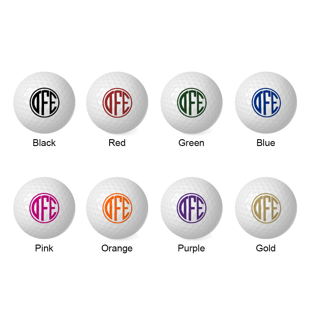 Set of custom printed golf balls displaying personalised names and monograms in multiple colours — perfect personalised golf ball gifts for dads, husbands and avid golfers